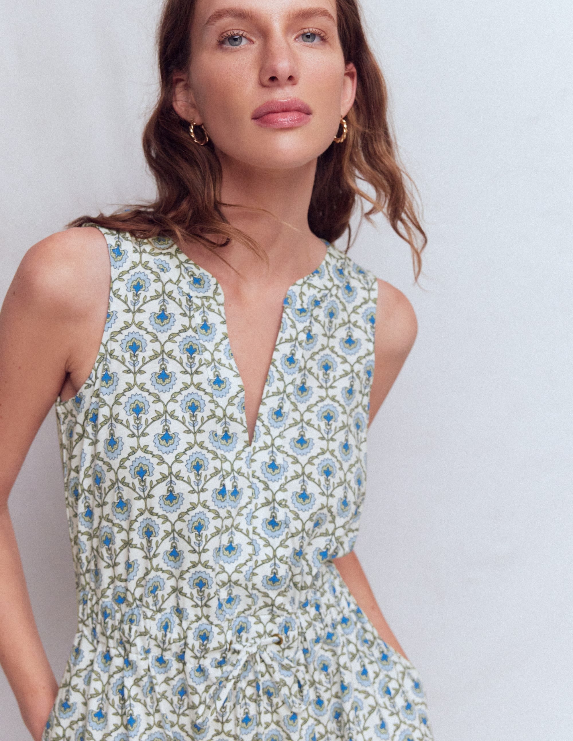 Delphine Midi Sleeveless Dress-Ivory, Flower Lattice