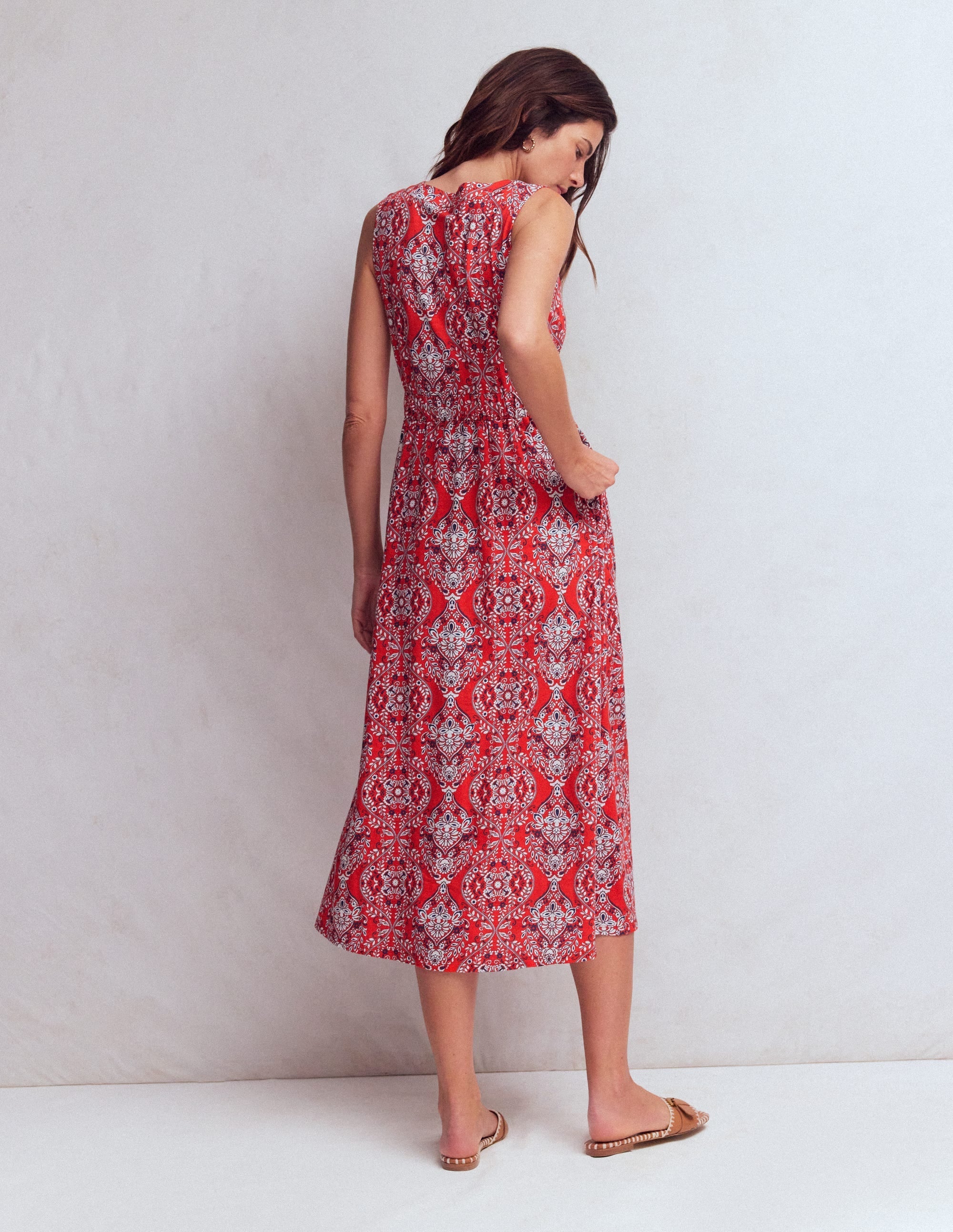 Delphine Midi Sleeveless Dress-Blood Orange, Gardenia