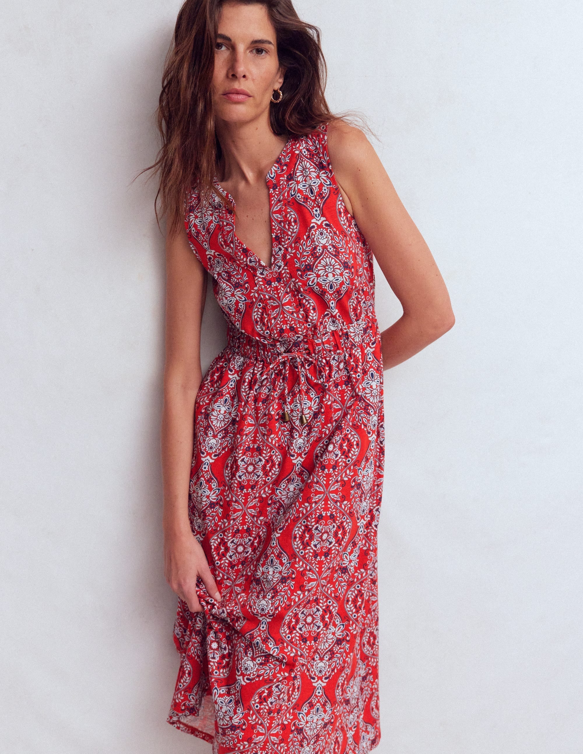 Delphine Midi Sleeveless Dress-Blood Orange, Gardenia