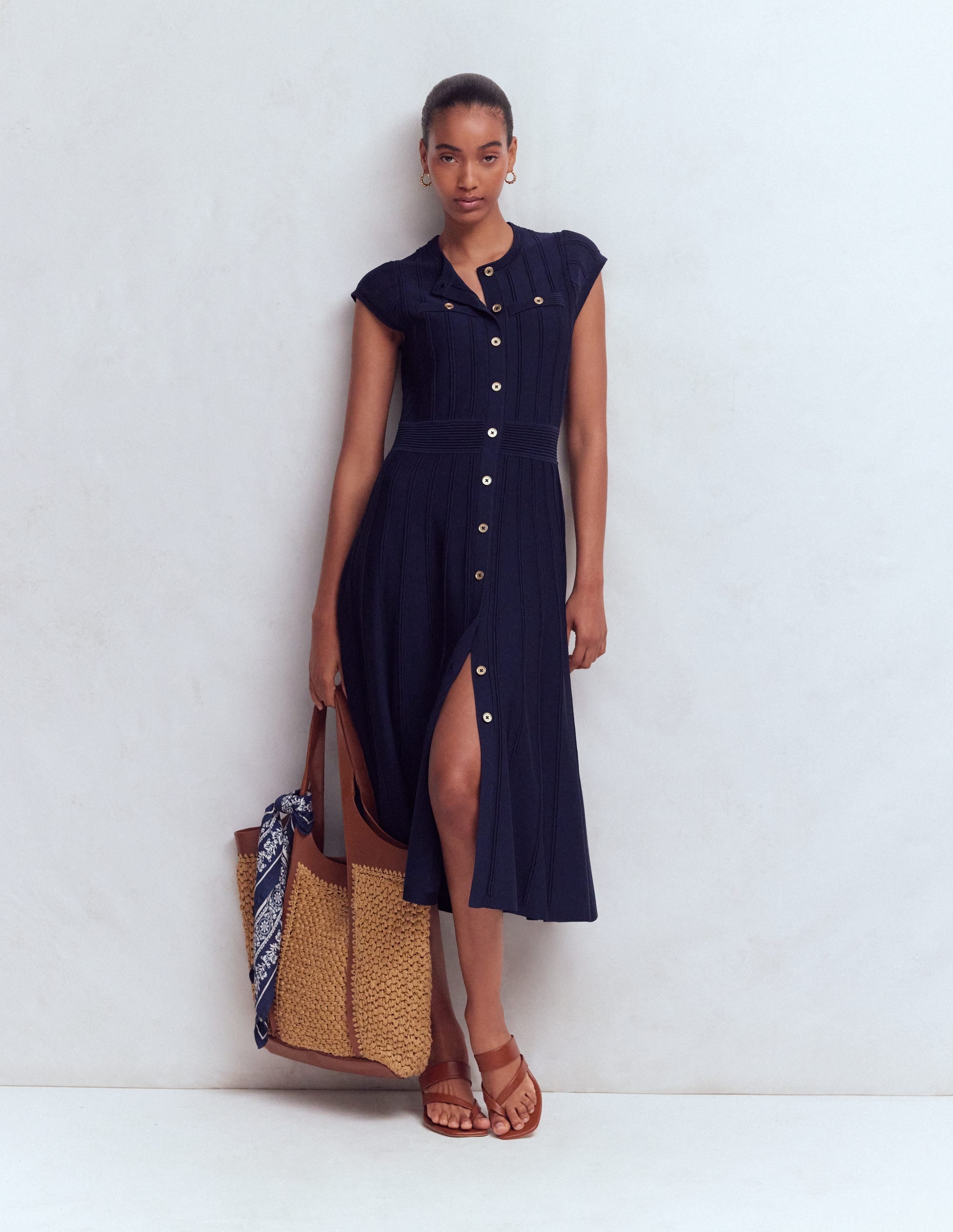 Cap Sleeve Knitted Dress-Navy