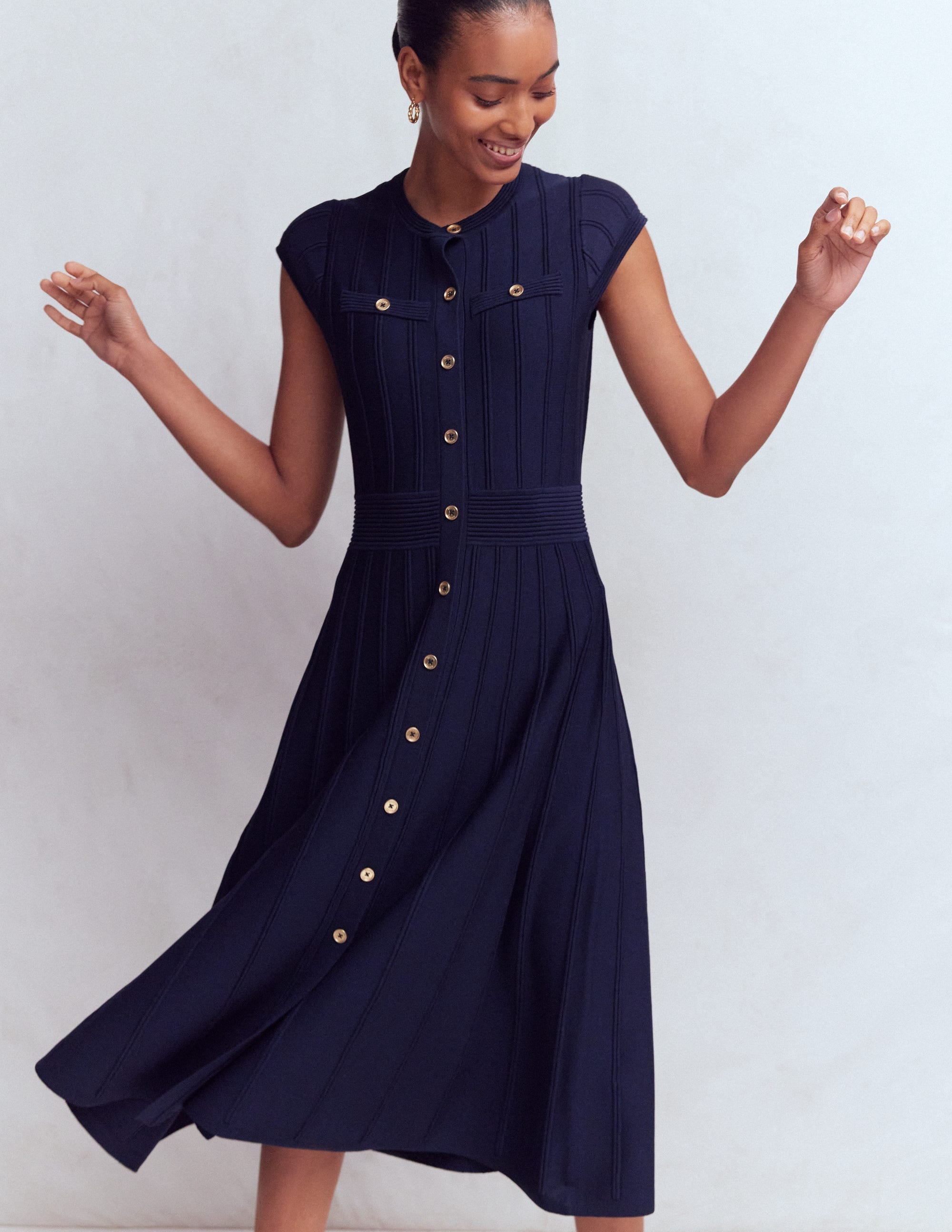 Cap Sleeve Knitted Dress-Navy