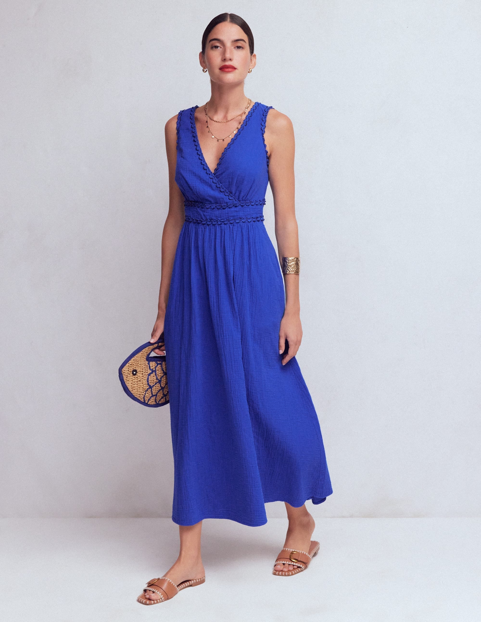 Lorna Trim Double Cloth Dress-Bright Blue