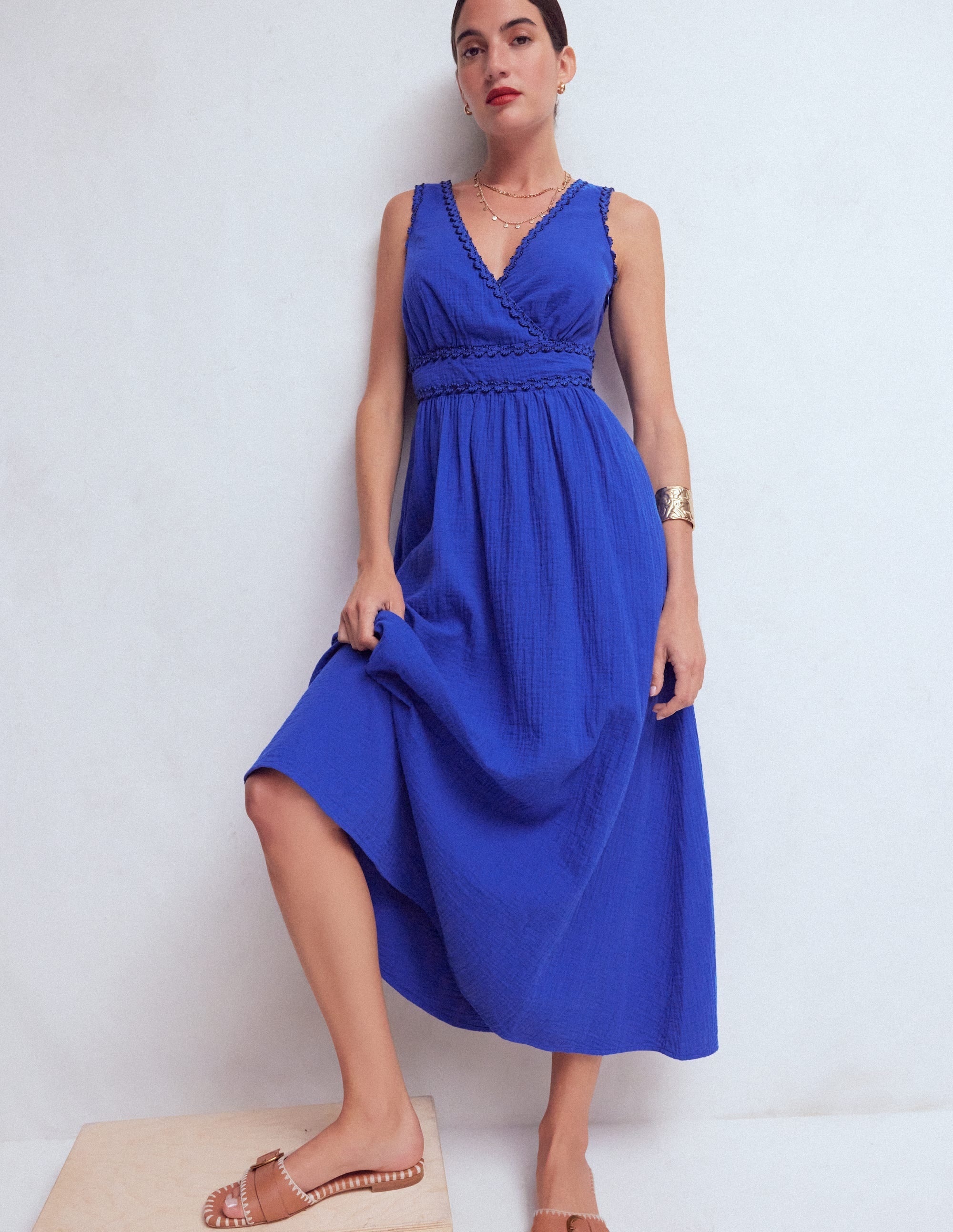 Lorna Trim Double Cloth Dress-Bright Blue
