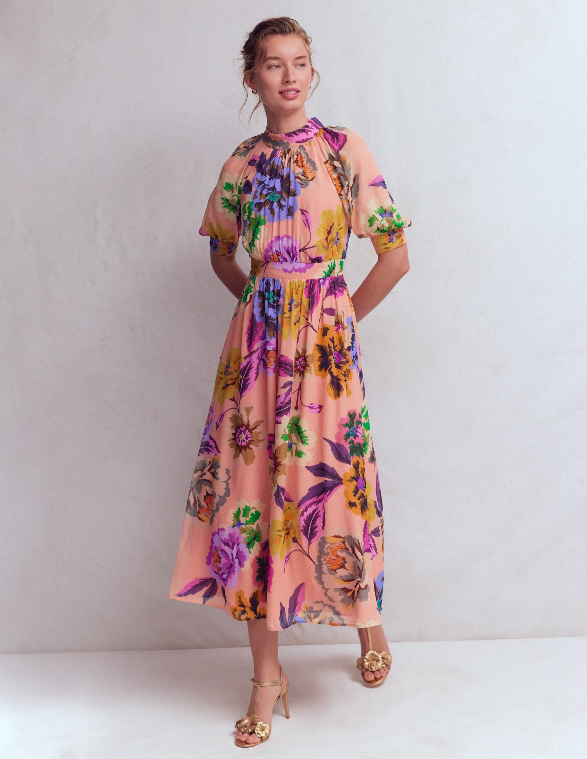 High Neck Blouson Sleeve Dress-Multi Opulent Blossom