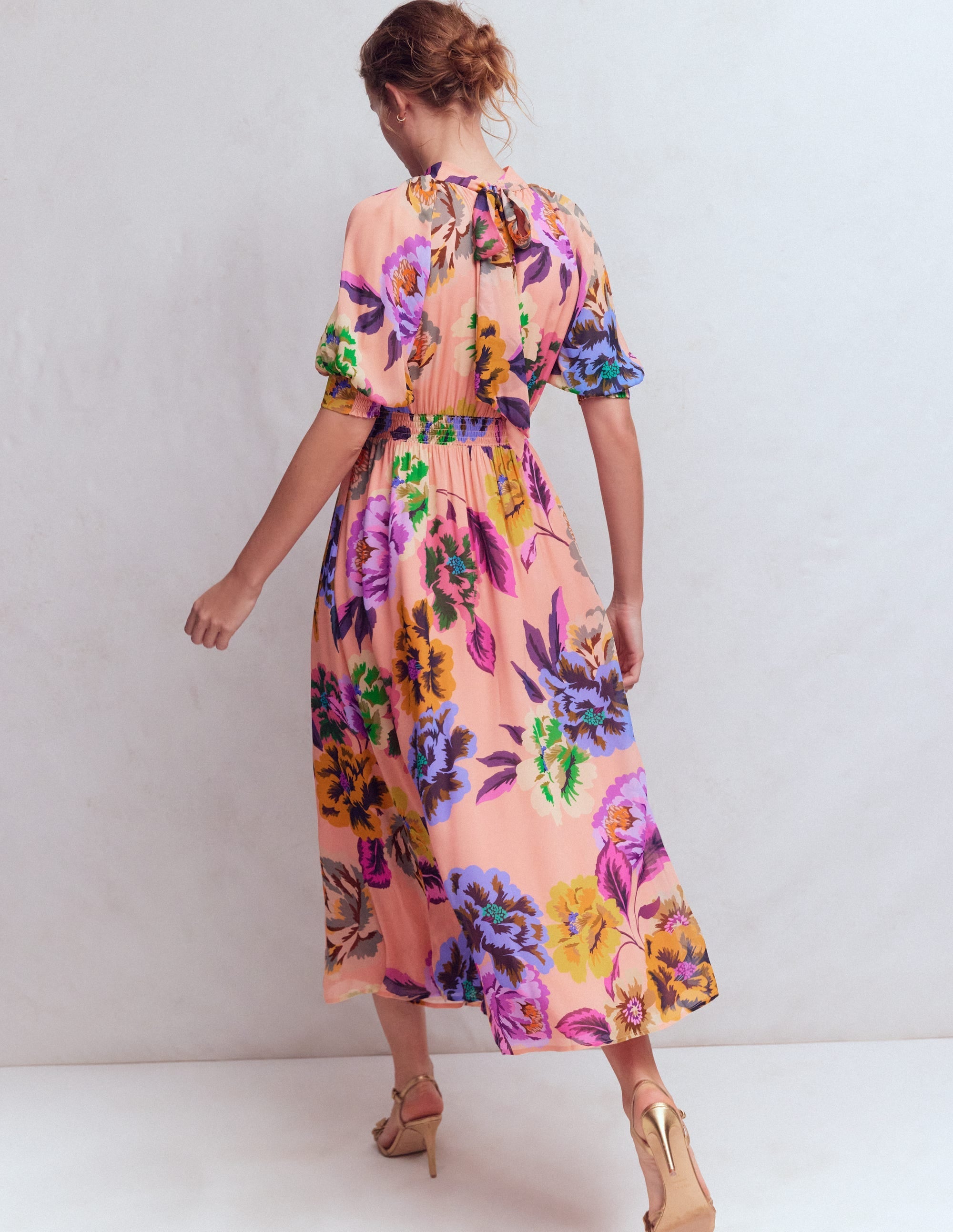High Neck Blouson Sleeve Dress-Multi Opulent Blossom