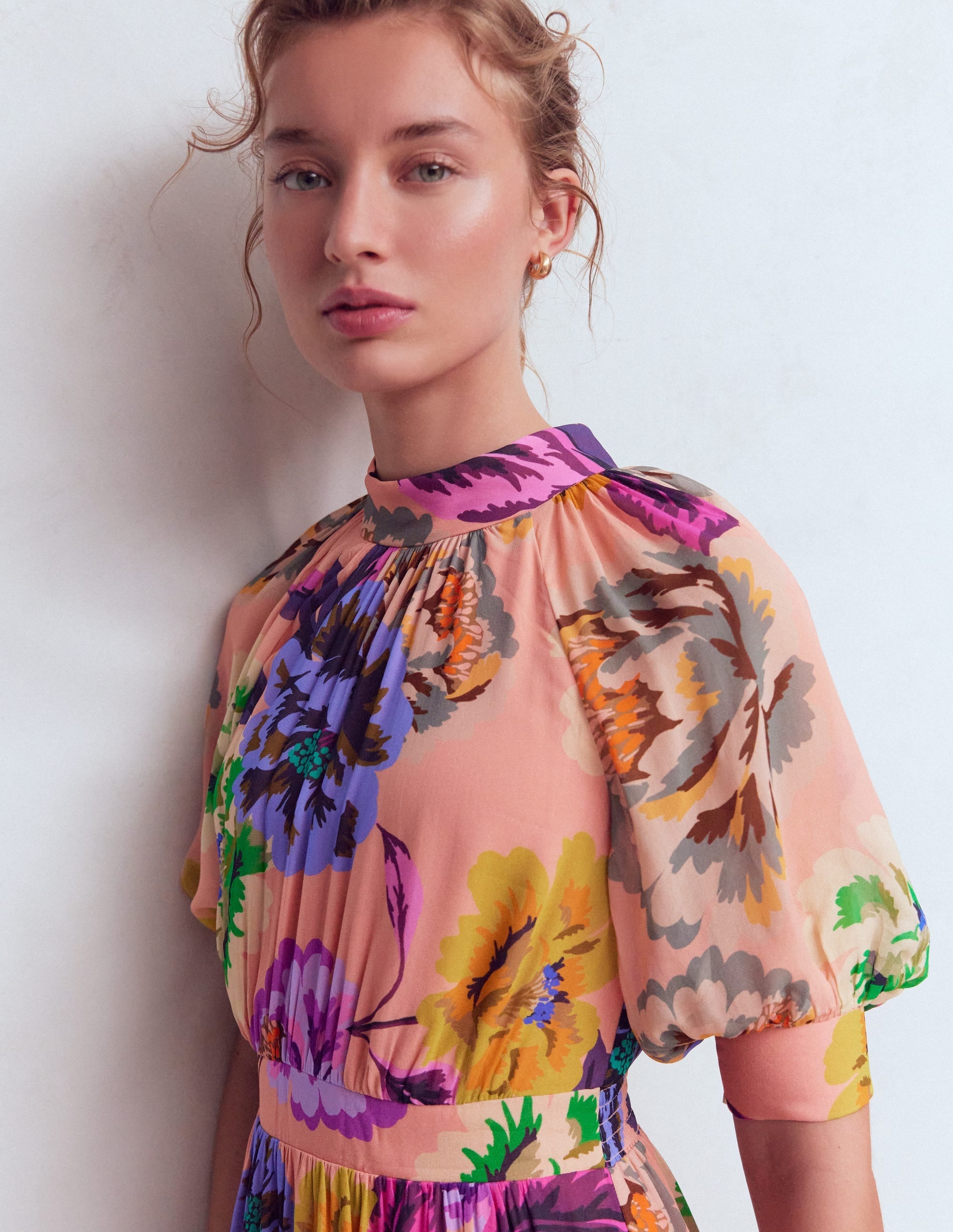 High Neck Blouson Sleeve Dress-Multi Opulent Blossom