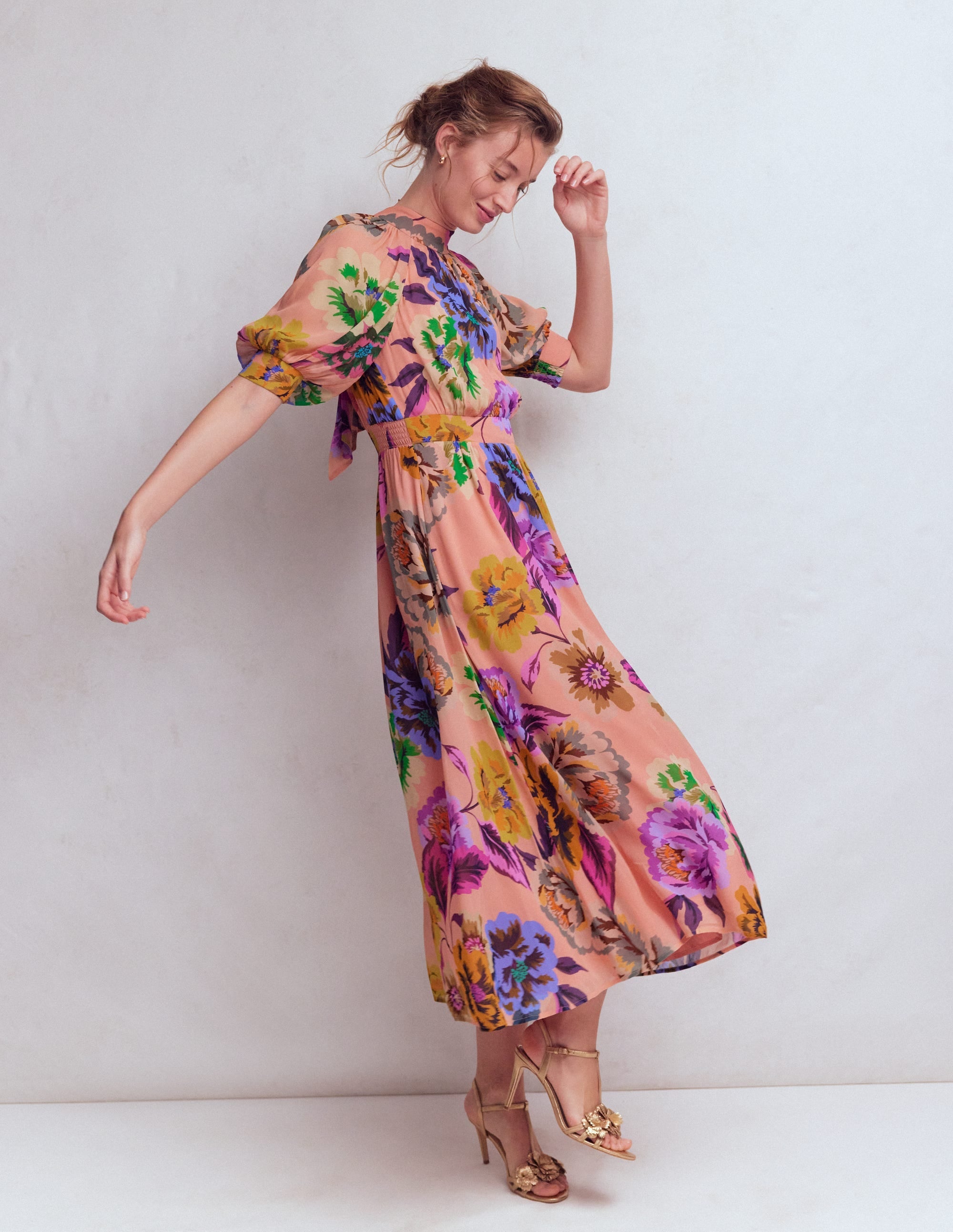 High Neck Blouson Sleeve Dress-Multi Opulent Blossom