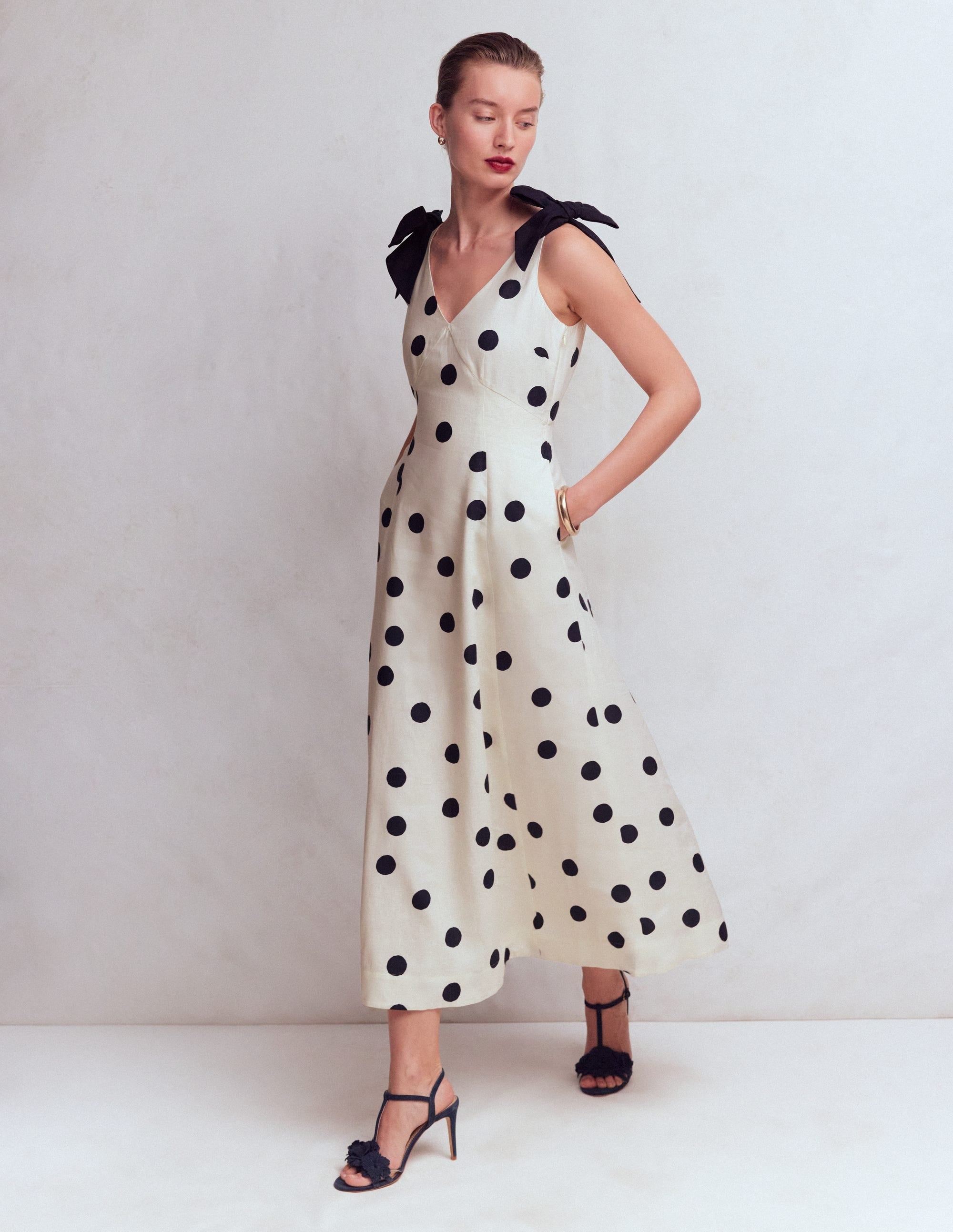 Bow Detail Empire Dress-Ivory Painted Dot Spaced