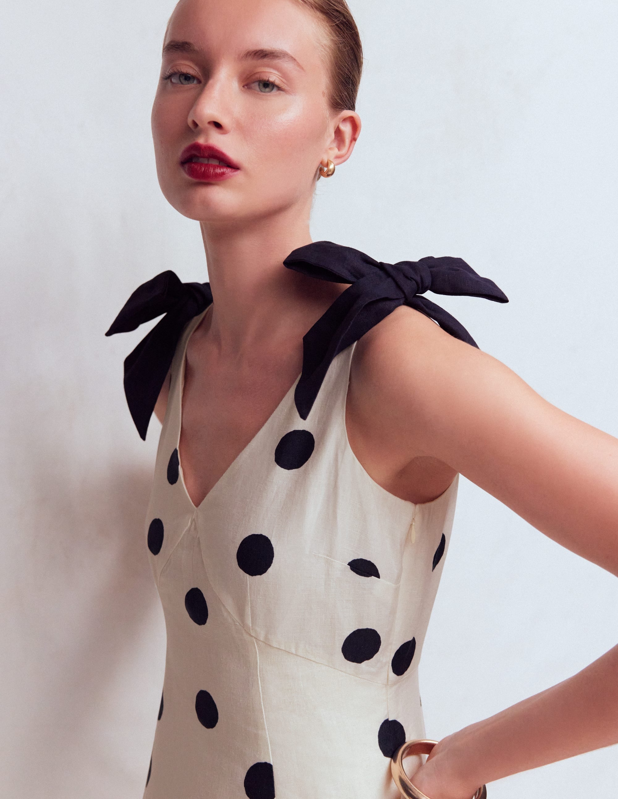 Bow Detail Empire Dress-Ivory Painted Dot Spaced