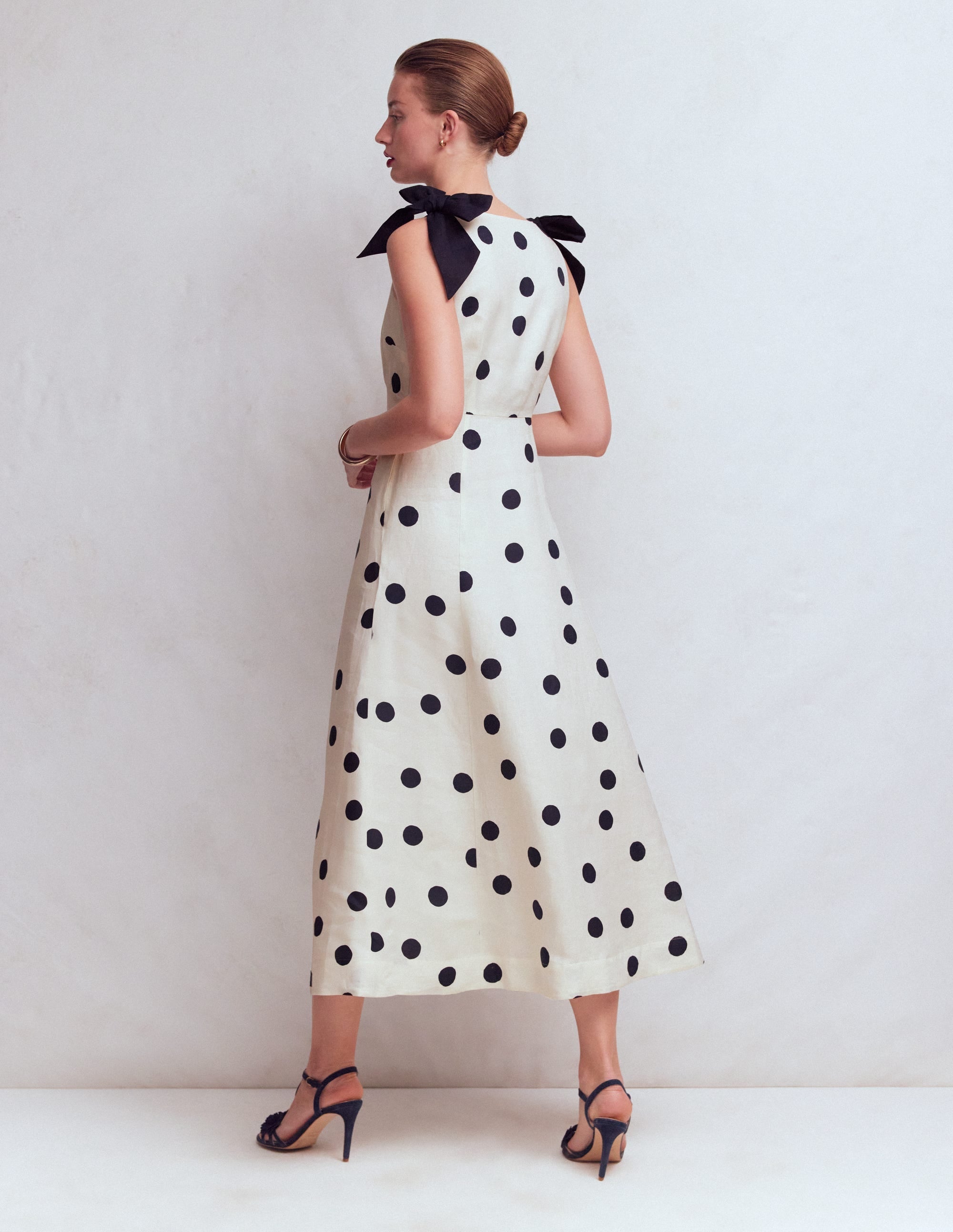 Bow Detail Empire Dress-Ivory Painted Dot Spaced