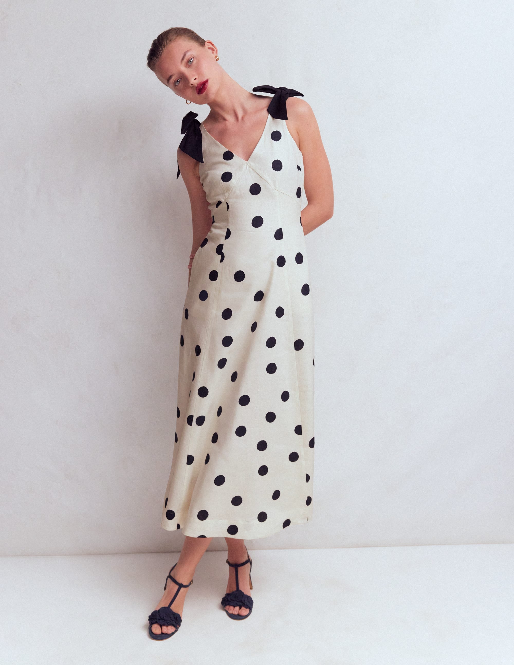 Bow Detail Empire Dress-Ivory Painted Dot Spaced
