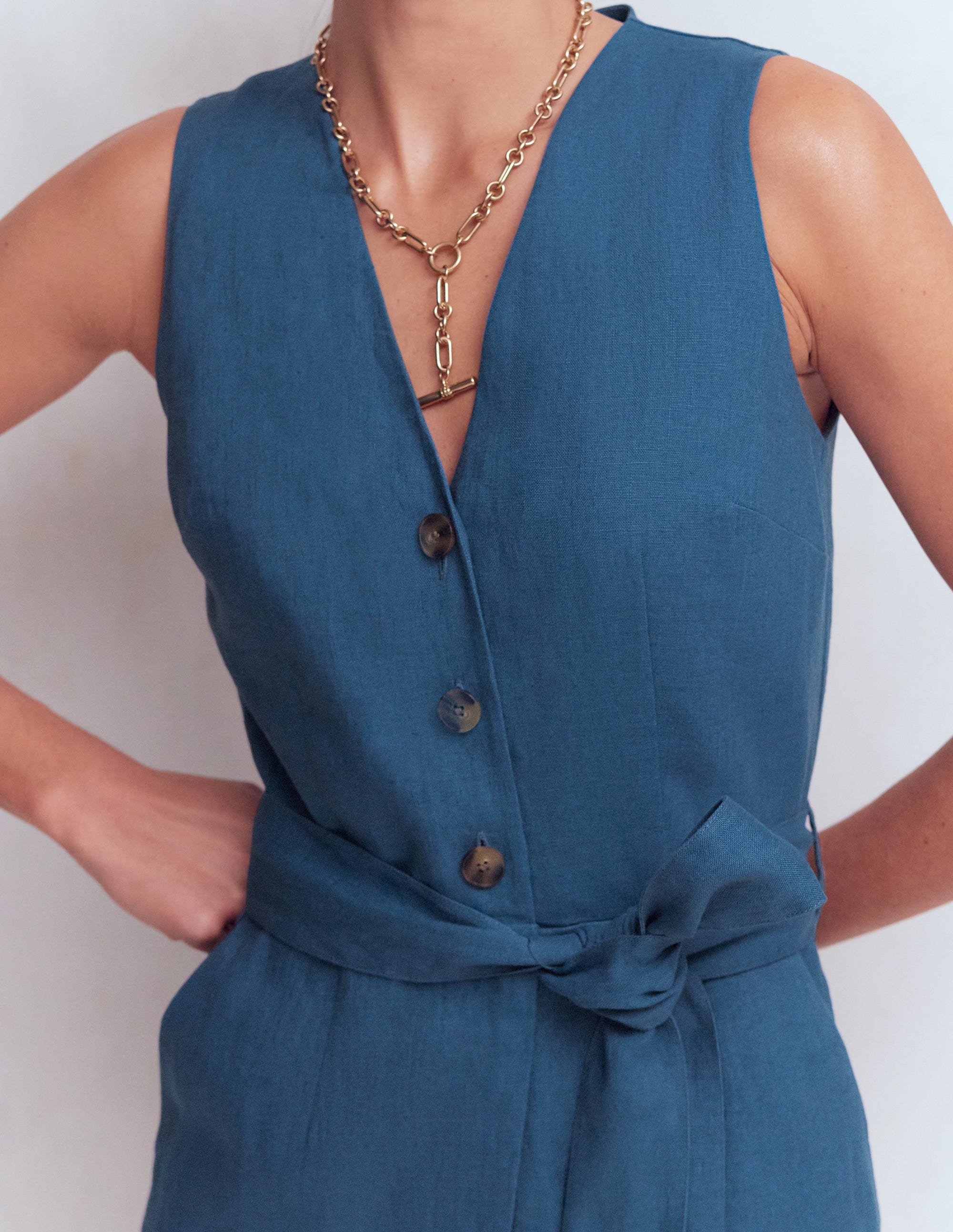 Laura V-neck Linen Playsuit-Tourmaline Blue