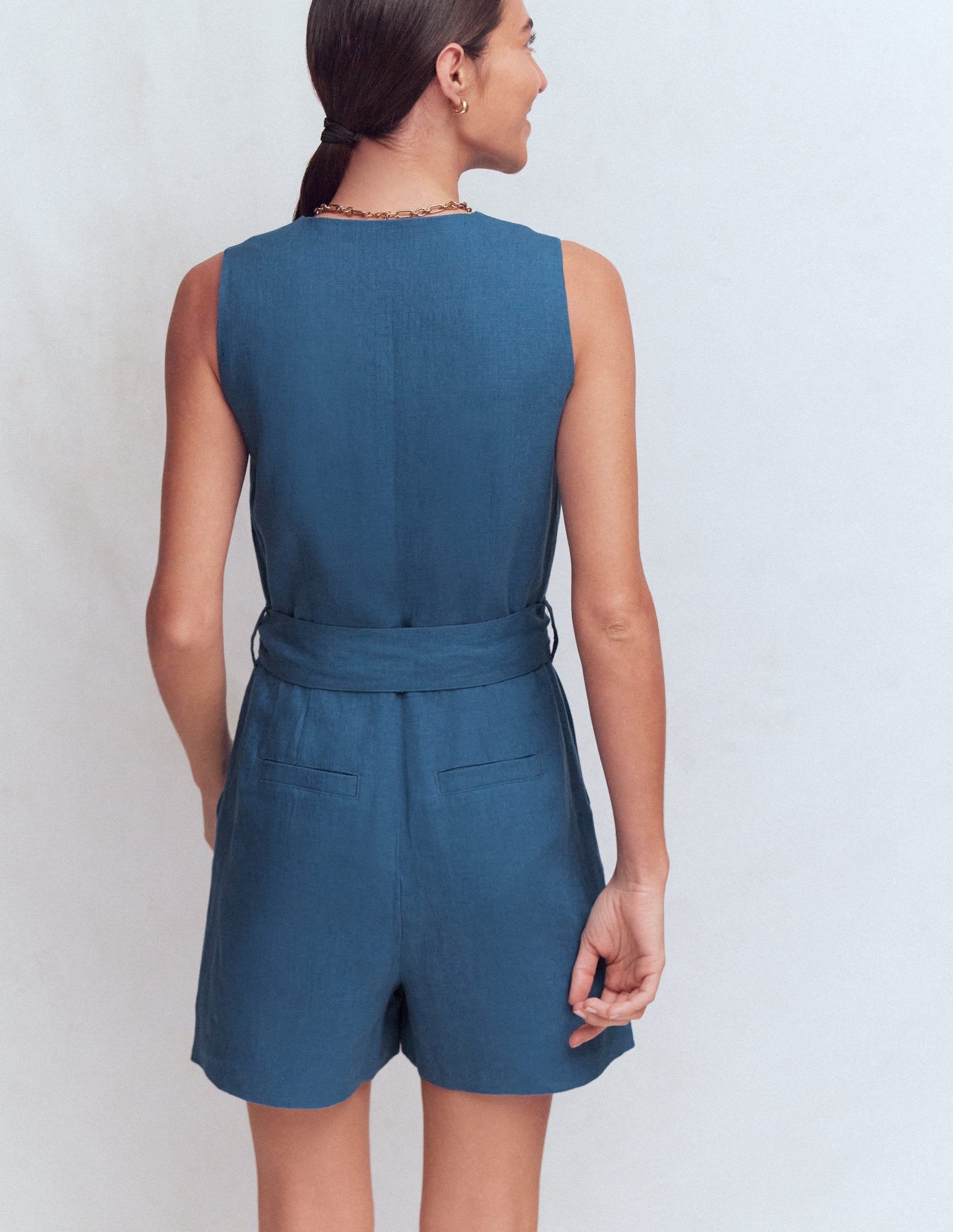 Laura V-neck Linen Playsuit-Tourmaline Blue