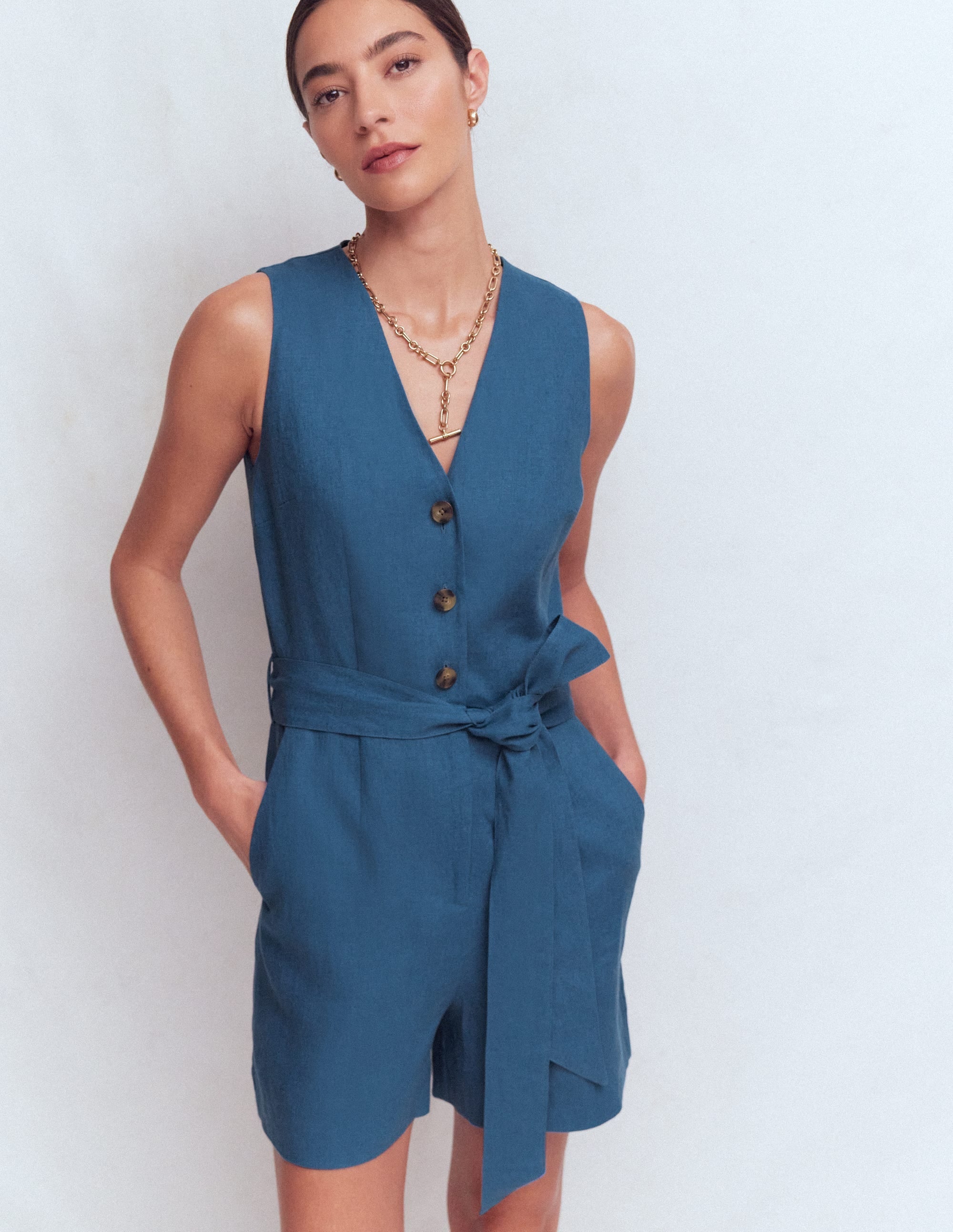 Laura V-neck Linen Playsuit-Tourmaline Blue