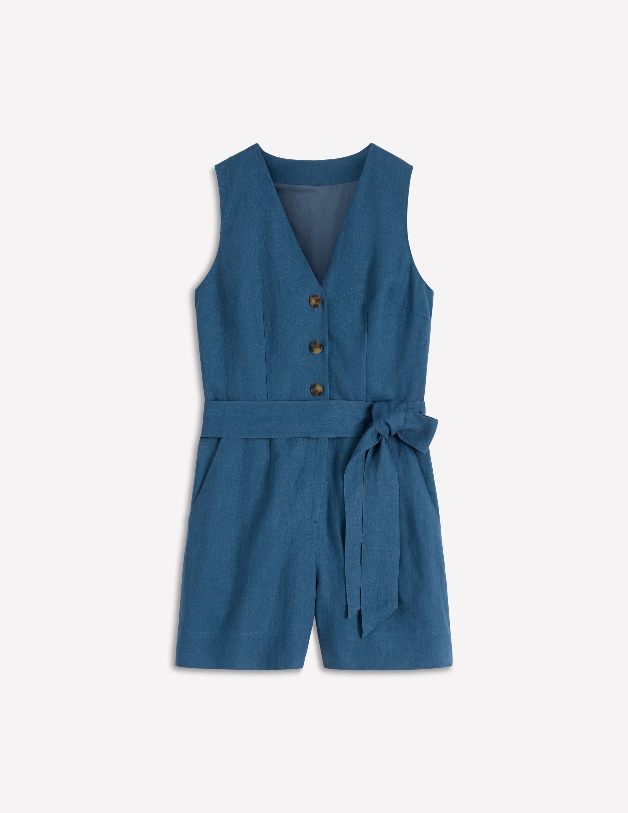 Laura V-neck Linen Playsuit-Tourmaline Blue