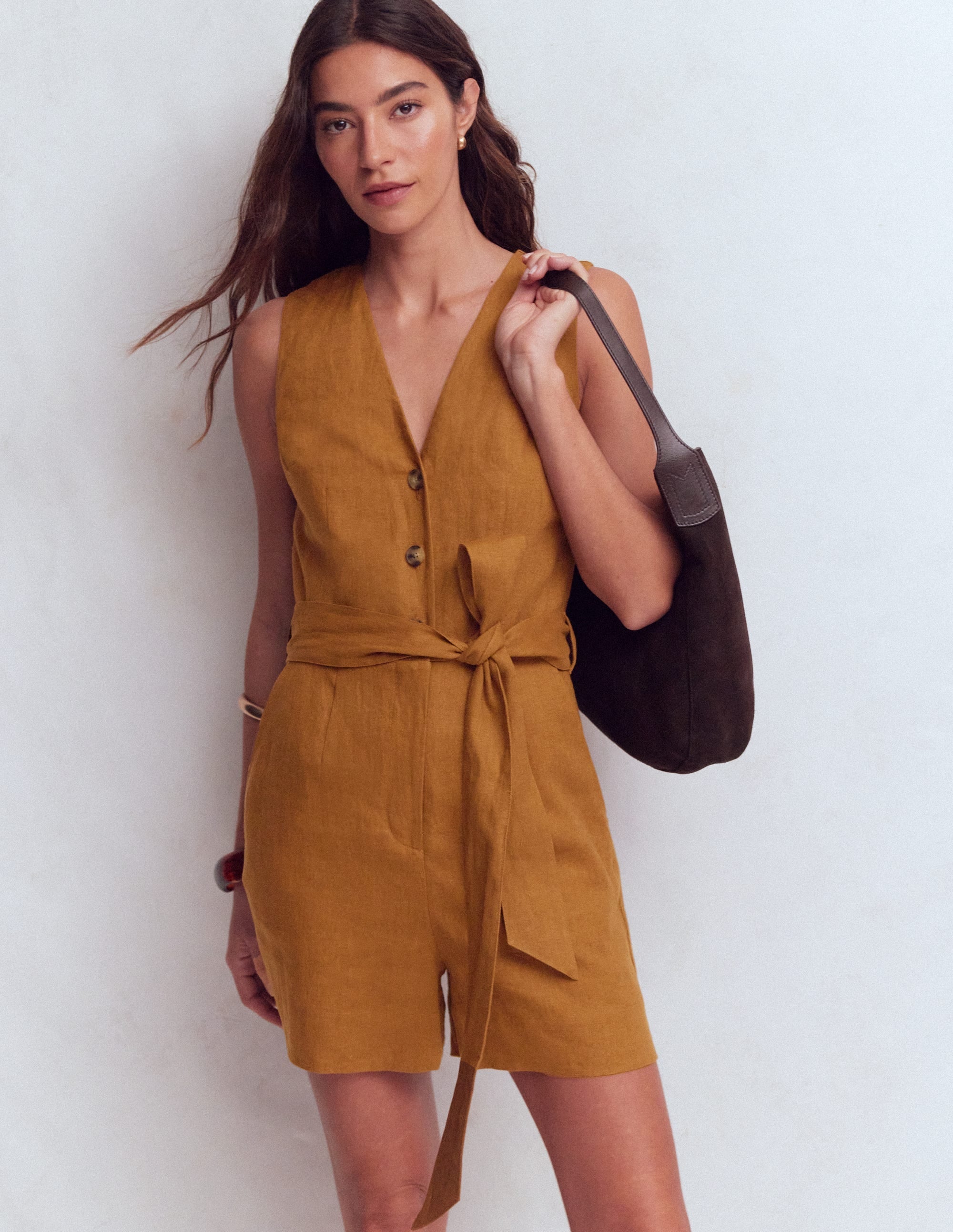 Laura V-neck Linen Playsuit-Gingerbread