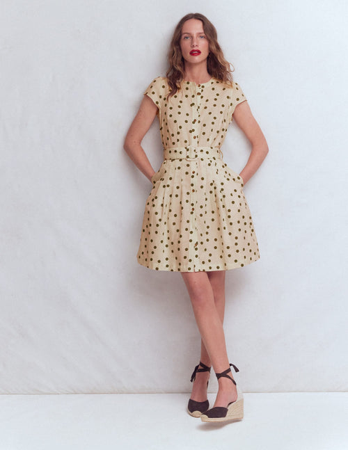Arabella Short Linen Dress-Ivory Painted Dot Spaced